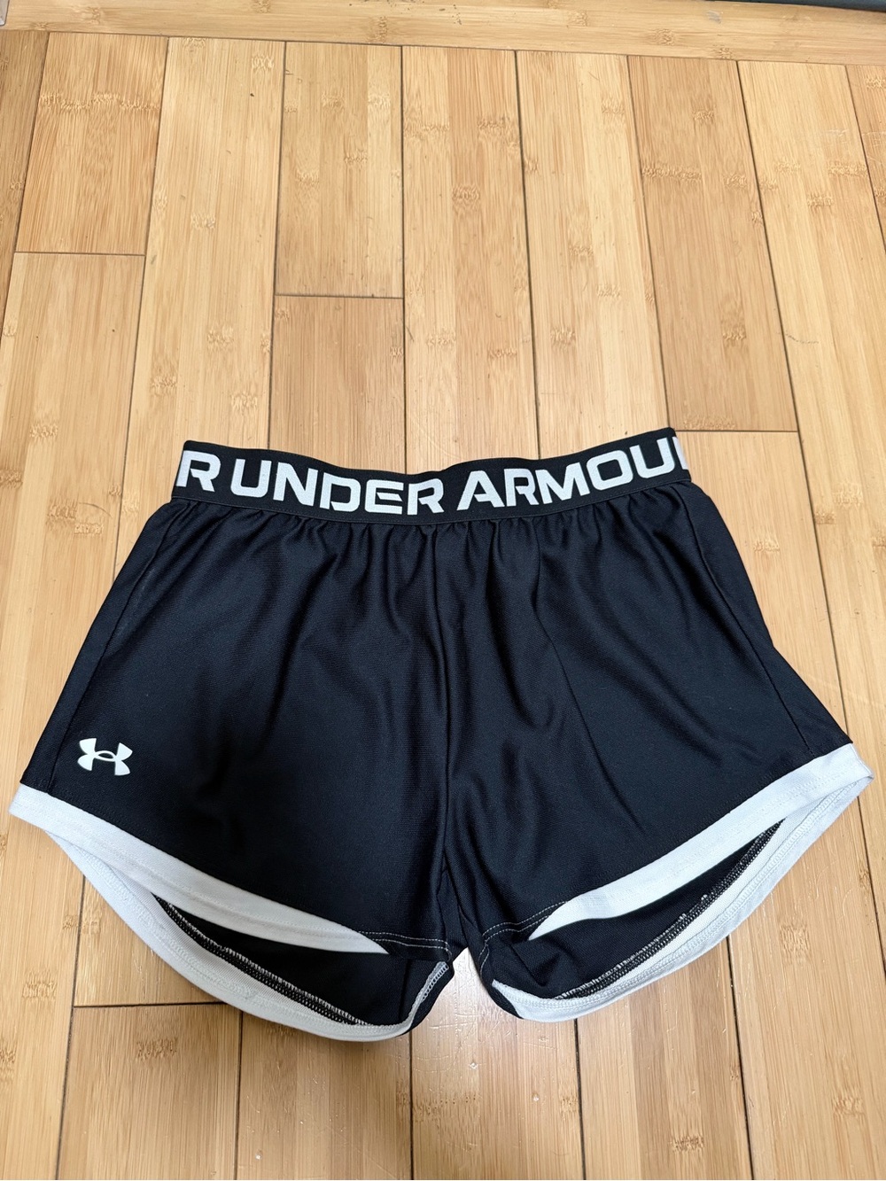 Girls Under Armour Black Athletic Shorts with White Trim and Logo Waistband